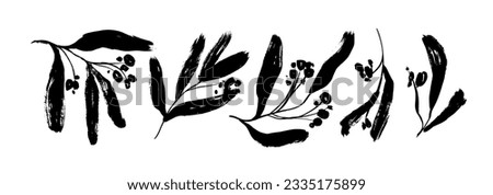 Abstract branch with berries silhouettes collection. Hand drawn plants in sketch style with grunge dry brush texture. Twig and foliage silhouettes. Vintage nature illustration isolated on white. Royalty-Free Stock Photo #2335175899