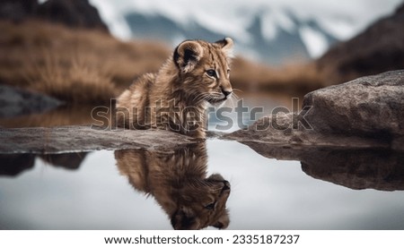 Lion cub looking the reflection of an adult lion in the water on a background of mountains  Royalty-Free Stock Photo #2335187237