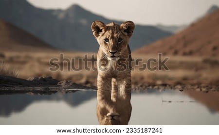 Lion cub looking the reflection of an adult lion in the water on a background of mountains  Royalty-Free Stock Photo #2335187241