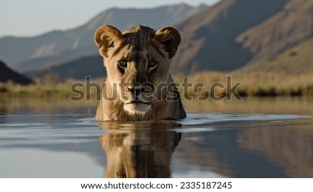 Lion cub looking the reflection of an adult lion in the water on a background of mountains  Royalty-Free Stock Photo #2335187245