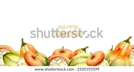Watercolor autumn pumpkins banner. Seamless border for harvest season isolated
