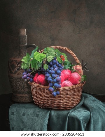 Still life with fruits basket and wine bottle