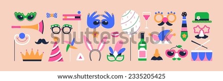 Purim carnival elements set. Jewish holiday accessories, party masks, glasses with moustache, festive hat, crown. Quirky decorations, festival items, props bundle. Isolated flat vector illustrations