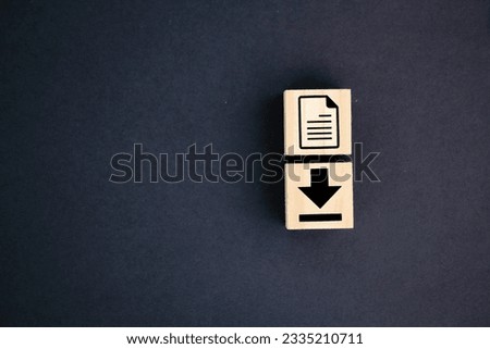 wooden square with a download or save file icon. file icons are arranged into folders. Concept document management system or DMS.