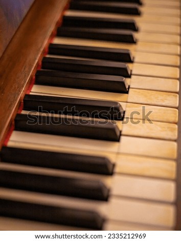 Close side view of old black and white piano keys with shallow depth of field. Selective focus