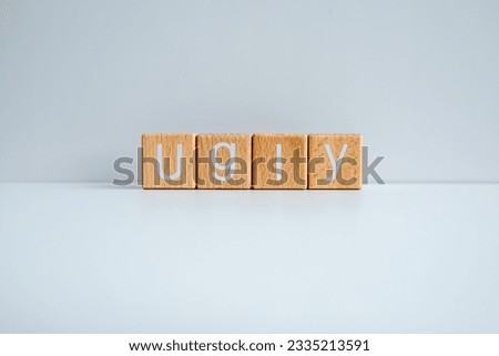 Wooden blocks form the text "Ugly" against a white background.