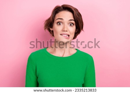 Photo of funky staring nervous lady bite lips wear stylish clothes make mistake fail oops isolated on pink color background Royalty-Free Stock Photo #2335213833