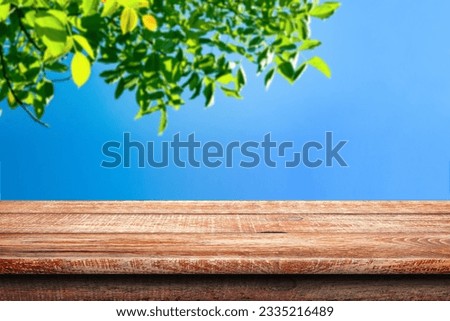 Wooden surface. Painted boards. Old table. Table surface. Wooden table against the background of the blue sky and foliage. Blurred background