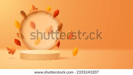 Autumn wicker round podium with a matte transparent display against the background of falling leaves. Royalty-Free Stock Photo #2335243207