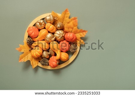 Golden frame with pumkins, roses and maple leaves. Autumn minimalist aesthetic concept.