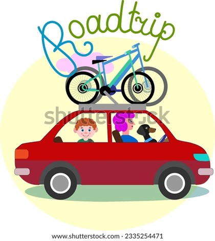 The picture shows a family that rides in a car - mother and son, as well as their dachshund dog. There are two bicycles on the roof of the car.