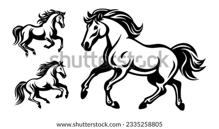 Running horse black outline art set. Animal mascot vector illustration. Logo graphic design.