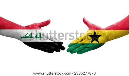 Handshake between Ghana and Iraq flags painted on hands, isolated transparent image.
