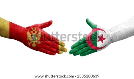 Handshake between Algeria and Montenegro flags painted on hands, isolated transparent image.