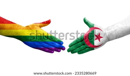 Handshake between Algeria and LGBT flags painted on hands, isolated transparent image.
