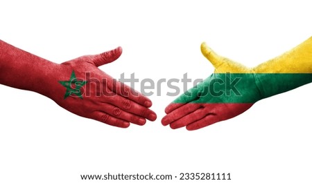 Handshake between Lithuania and Morocco flags painted on hands, isolated transparent image.