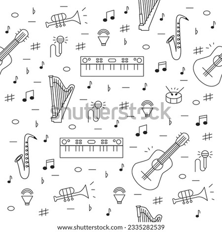 Seamless pattern of musical instruments black and white. Vector illustration EPS10
