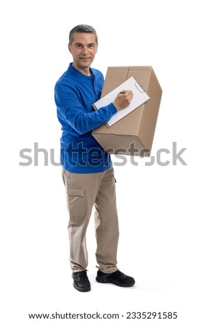 Delivery man holding cardboard isolated on white background   
