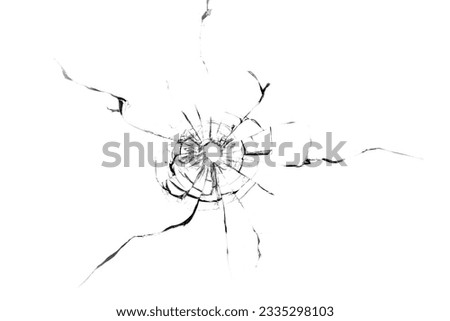 Broken hole in glass white background.