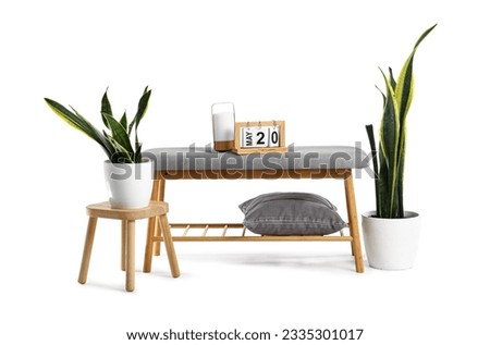 Bench with decor and stool on white background