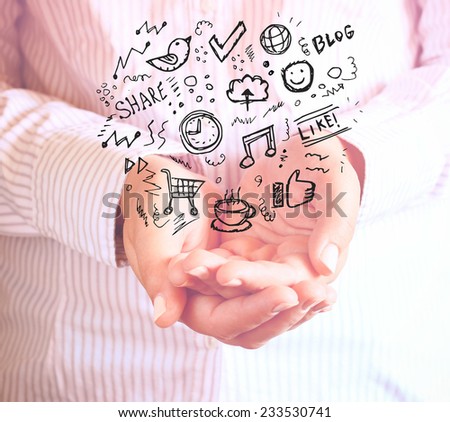 photo of young woman hands in cupped shape and set of social media infographics