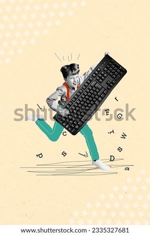 Vertical collage picture of funky black white colors mini guy arms hold big keyboard write letters isolated on beige background