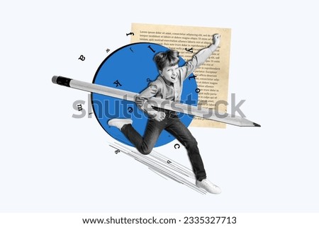 Banner collage of young boy learning in school running hold big pencil make mistakes study more motivation isolated on white background Royalty-Free Stock Photo #2335327713