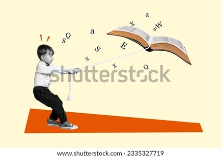 Funny little schoolboy collage concept drag rope hard get knowledge book literature materials education isolated on beige background