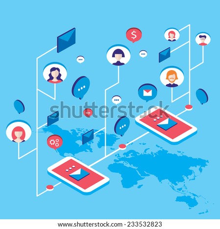Social network communication Isometric concept  illustration People user avatars and speech bubbles