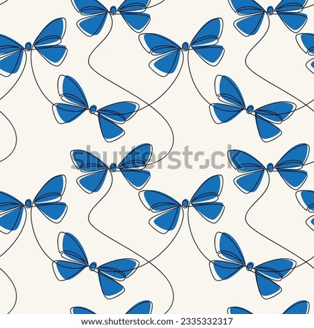 Blue ribbon bow icon seamless vector pattern. Line continuous drawing. Festive hand drawn illustration, holiday background. Wallpaper print, fabric, textile, wrapping paper, packaging, graphic design.