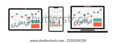 Devices with diagrams and charts monochrome flat vector object. Business statistics. Editable black and white thin line icon. Simple cartoon clip art spot illustration for web graphic design