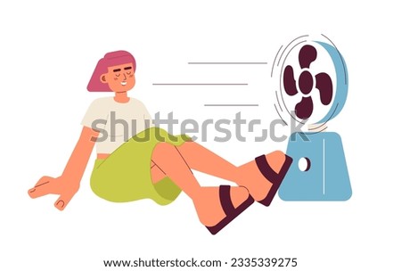 Hot summer fan flat vector spot illustration. Asian young woman sitting in front of fan 2D cartoon character on white for web UI design. Ventilator woman isolated editable creative hero image