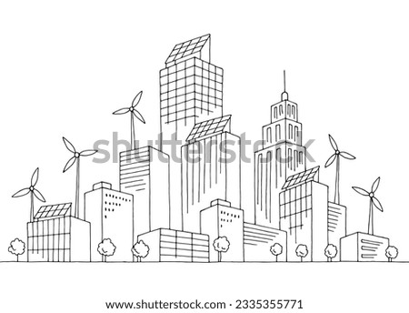 Eco city graphic black white cityscape skyline sketch illustration vector  Royalty-Free Stock Photo #2335355771