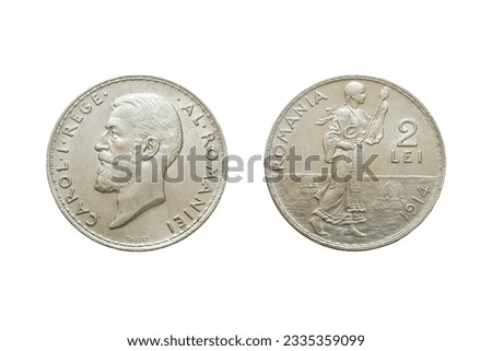 Old silver coin, Romanian 2 lei 1914, two lei King Carol I