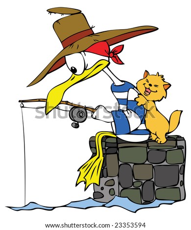 Cartoon Seagull and a Cat gone fishing.