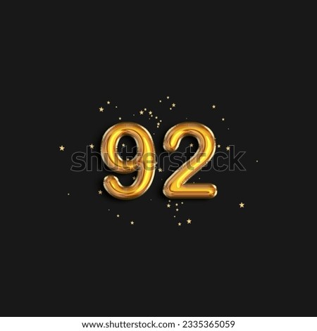 Gold foil balloon number ninety two years. Birthday greeting card with inscription 92. Anniversary celebration event