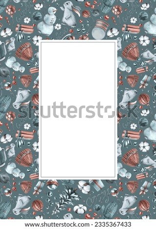 New Year's rectangular vertical card of watercolor illustrations COZY WINTER with a snowman, gifts, a snow globe, a Christmas tree and knitted items. Hand drawn template on a grey background