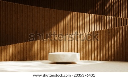 Luxurious stonemarble pedestal basks in foliage gobo sunlight. Wooden rod backdrop adds depth and elegance. Ideal for premium product showcases and sophisticated designs. Royalty-Free Stock Photo #2335376401