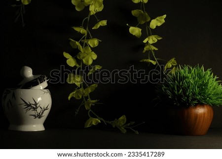 beautiful pictures of yellow flowers white pot and planted pot  in black background. all of them are artificial flowers and plants