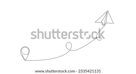 Paper plane path with flight route and starting point location in continuous single line style. One line plane route with start point and trace. Drawing for business, travel or journey Editable stroke