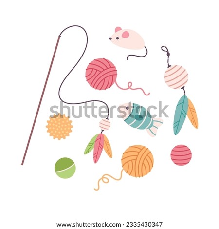 Collection of Cat toys. Pet supplies. Zoo shop goods. Vector illustration in flat style