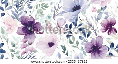 Flower seamless pattern with abstract floral branches with leaves, blossom lilac pink pastel flowers. Vector nature illustration in vintage watercolor style on light white background