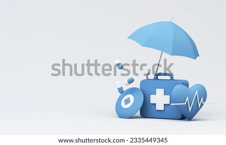 Image design, 3d rendering, background for concepts used in insurance, health and medical advertisements. in blue tones consisting of a medical box and an umbrella