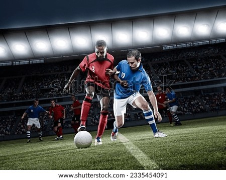 Soccer players chasing ball on field Royalty-Free Stock Photo #2335454091
