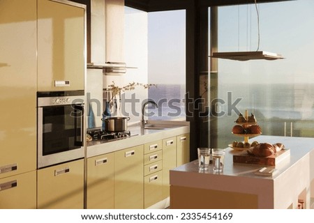 Modern luxury kitchen overlooking ocean