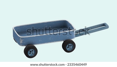 Blue Toy wagon. Rustic cintage trolley. Child's cart isolated on transparent background. 3D illustration.