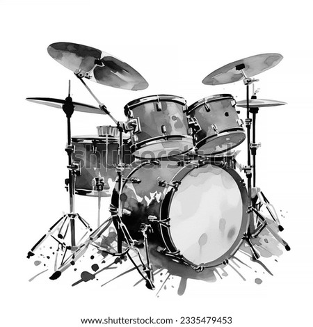 Watercolor sketch of drum kit isolated on white background.