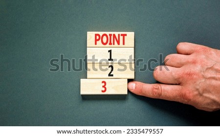 Time to point 3 symbol. Concept word Point 1 2 3 on wooden block. Businessman hand. Beautiful grey table grey background. Business planning and time to point 3 concept. Copy space.