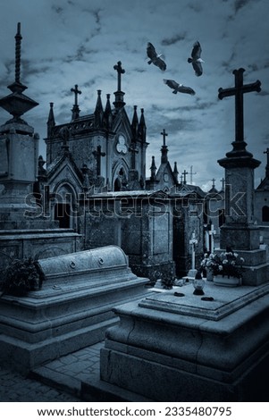 Spooky old european cemetery overflown by griffins. Used some digital filters.