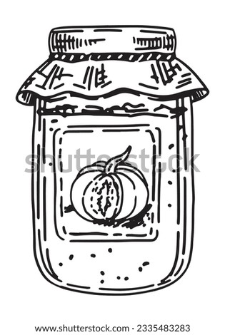 Jar of pumpkin jam sketch. Doodle of sweet homemade autumn season food. Hand drawn vector illustration. Single clip art isolated on white.